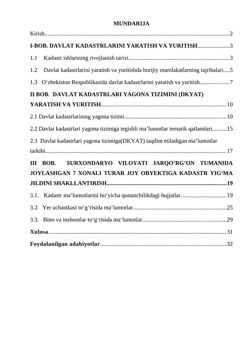 DAVLAT KADASTRLARINI YARATISH VA YURITISH.kurs ishi 1