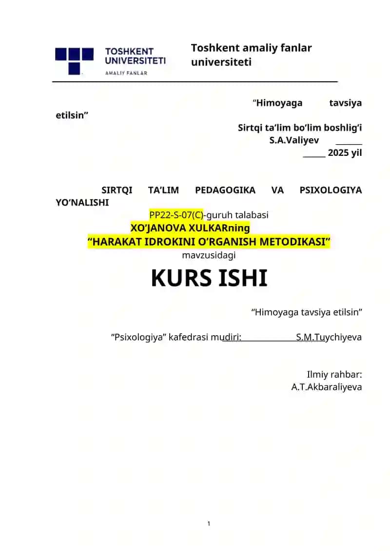"HARAKAT IDROKINI O’RGANISH METODIKASI"