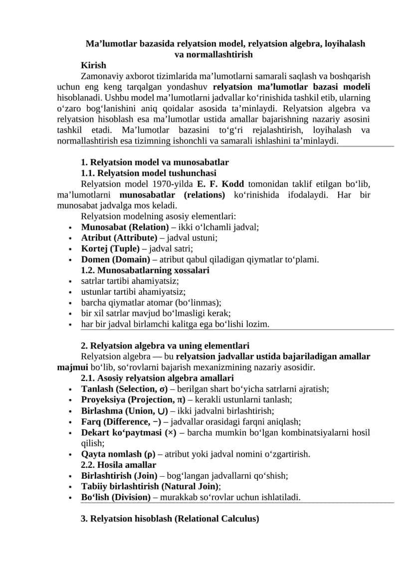Ma’lumotlar bazasida relyatsion model 1
