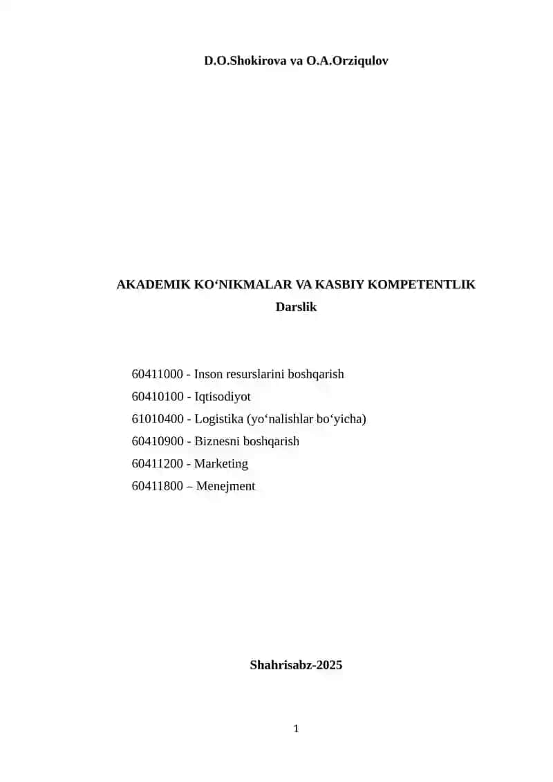 AKADEMIK KO‘NIKMALAR VA KASBIY KOMPETENTLIK Darslik
