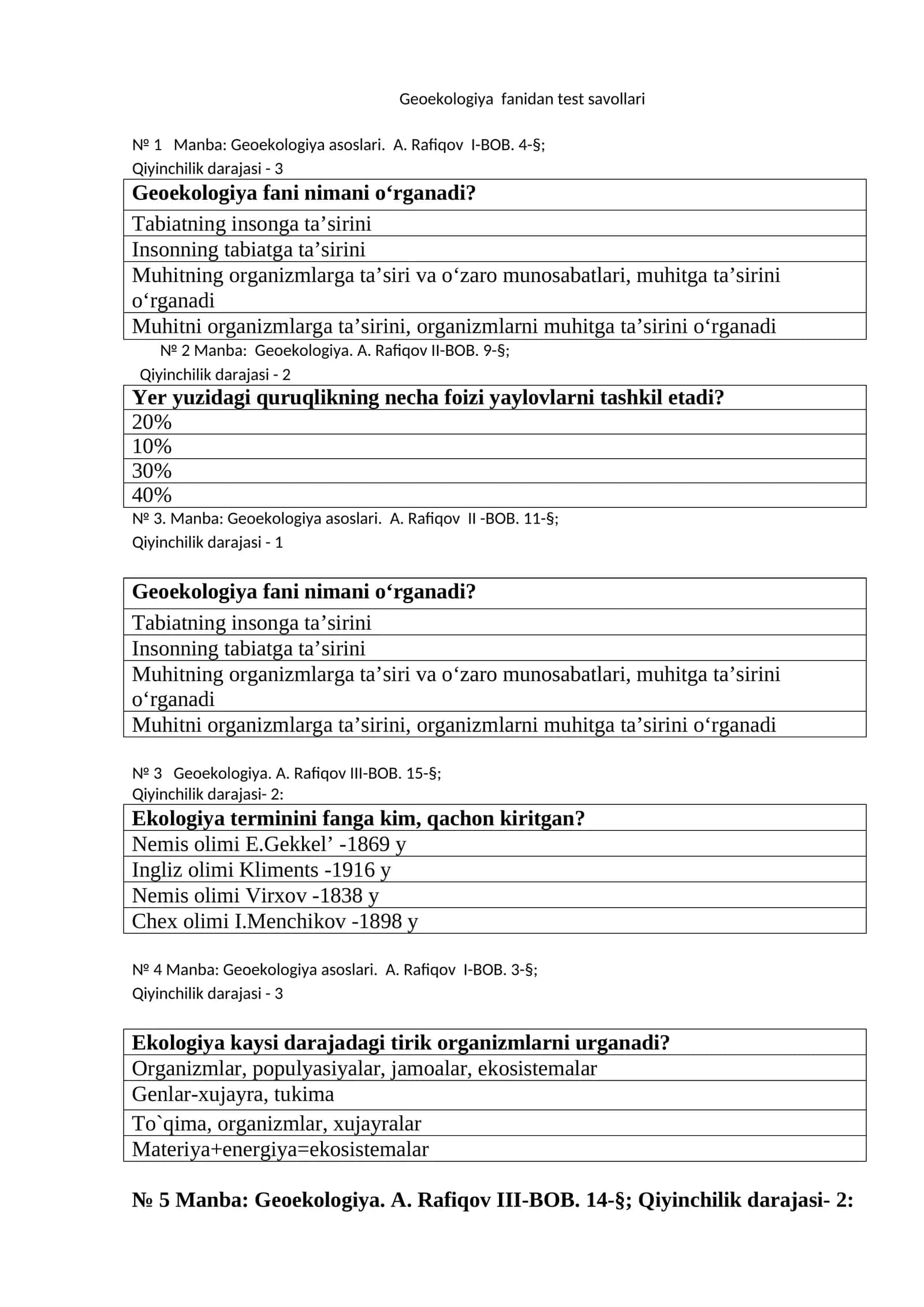 Geoekologiya fanidan test savollari 1