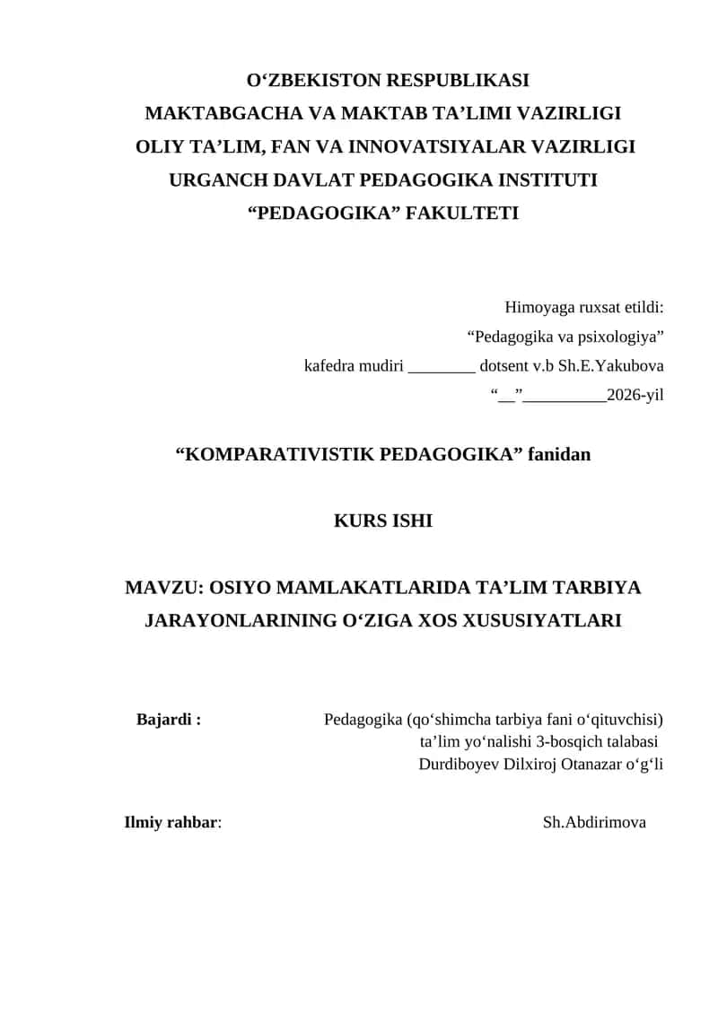 OSIYO MAMLAKATLARIDA TA’LIM TARBIYA JARAYONLARINING O‘ZIGA XOS XUSUSIYATlari 1