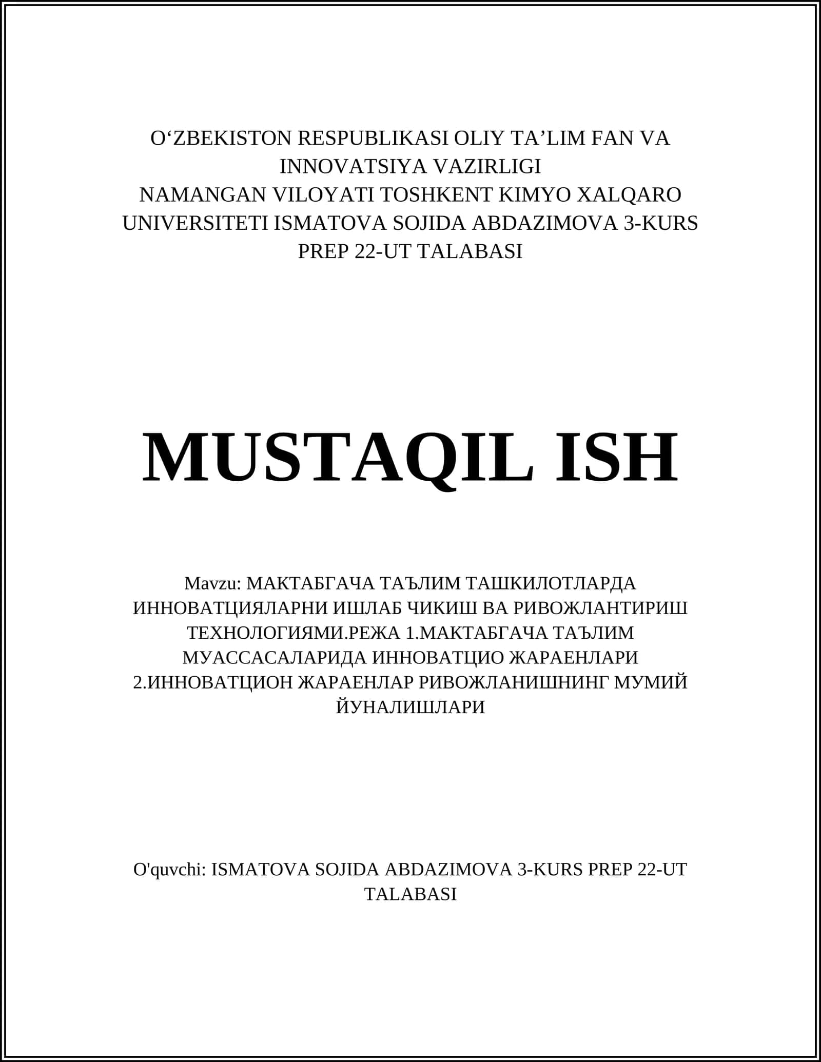 МАКТАБГАЧА ТАЪЛИМ ТАШКИЛОТЛАРДА ИННОВАТЦИЯЛАРНИ ИШЛАБ ЧИКИШ ВА РИВОЖЛАНТИРИШ ТЕХНОЛОГИЯМИ 1