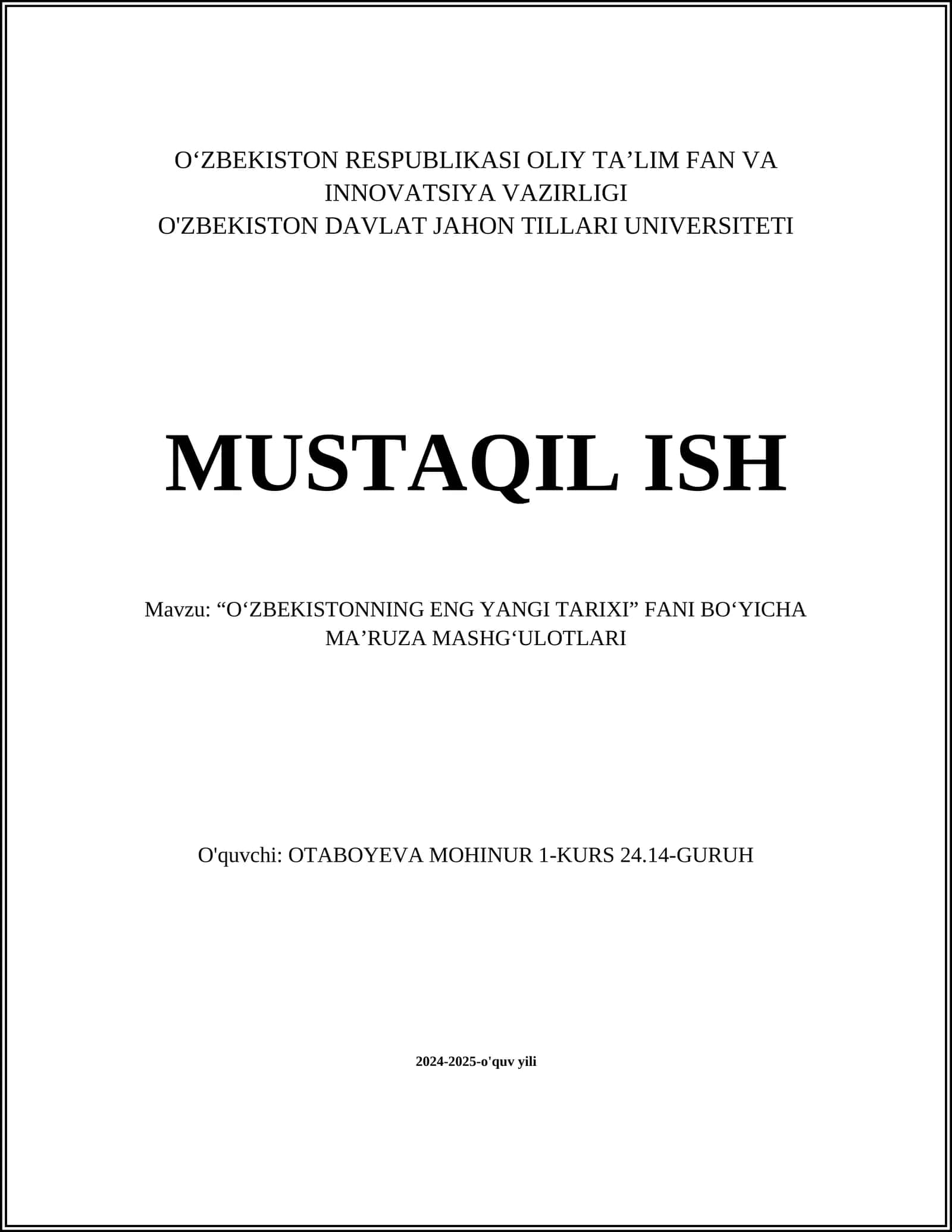 “O‘ZBEKISTONNING ENG YANGI TARIXI” FANI BO‘YICHA MA’RUZA MASHGʻULOTLARI 1