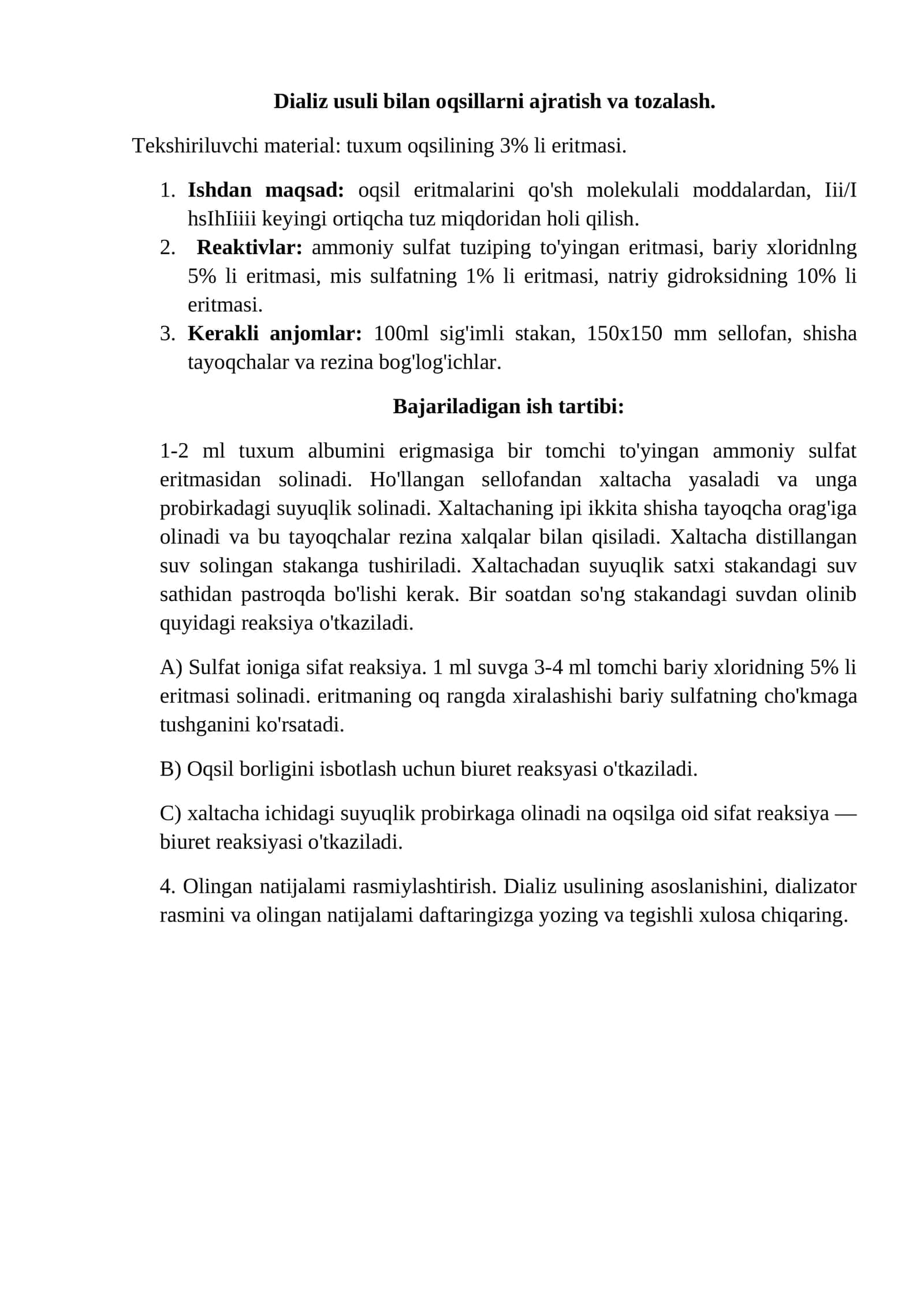 Dializ usuli bilan oqsillarni ajratish va tozalash 1
