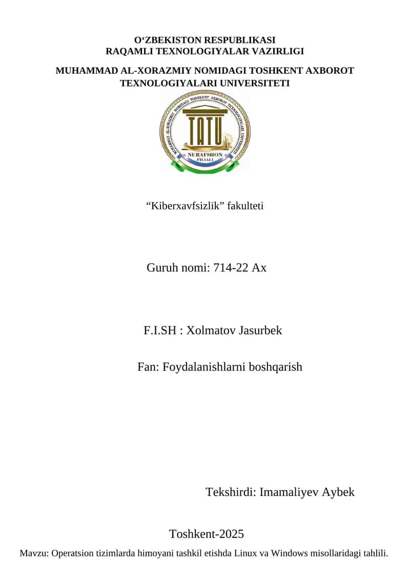 Operatsion tizimlarda himoyani tashkil etishda Linux va Windows misollaridagi tahlili 1