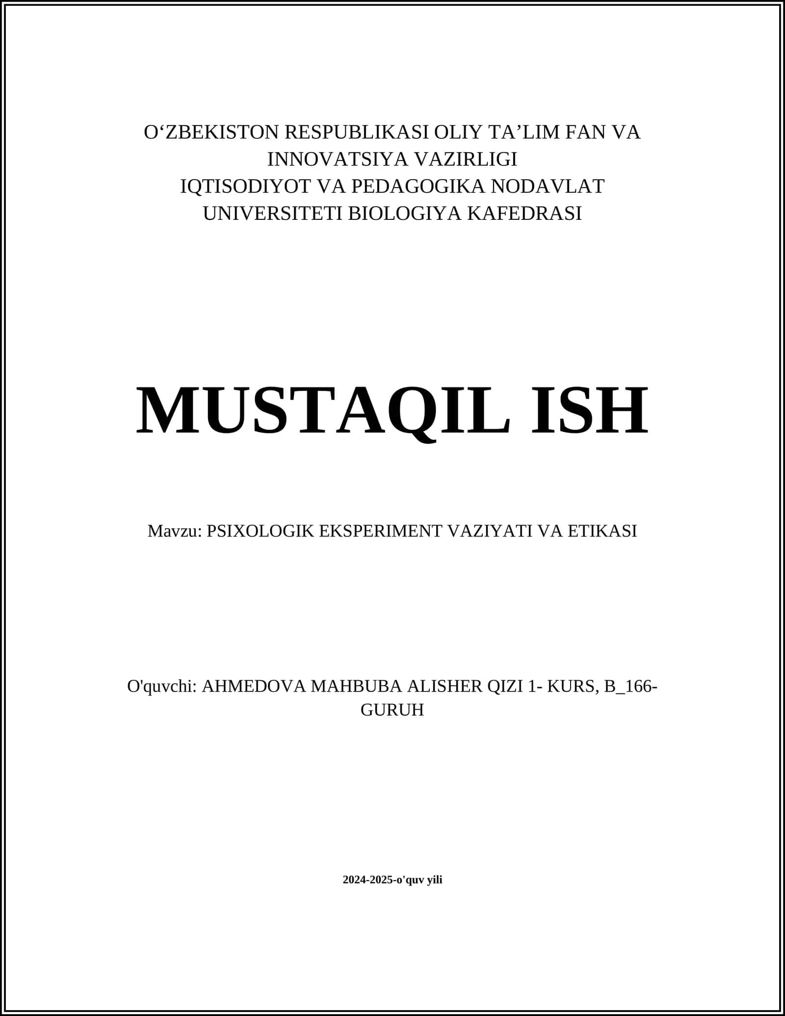 PSIXOLOGIK EKSPERIMENT VAZIYATI VA ETIKASI 1
