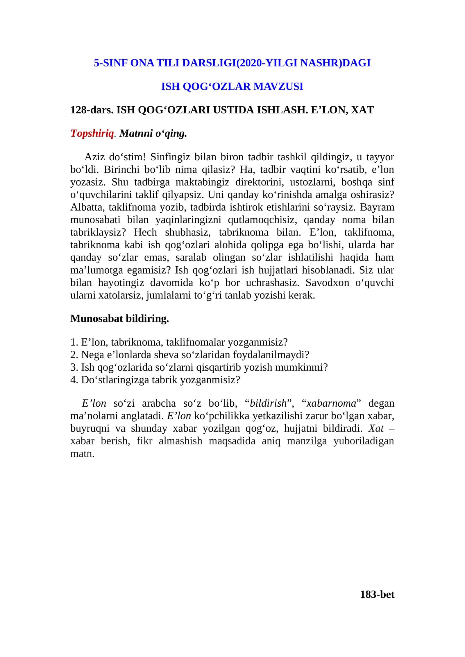 SINF ONA TILI DARSLIGI(2020-YILGI NASHR)DAGI 1