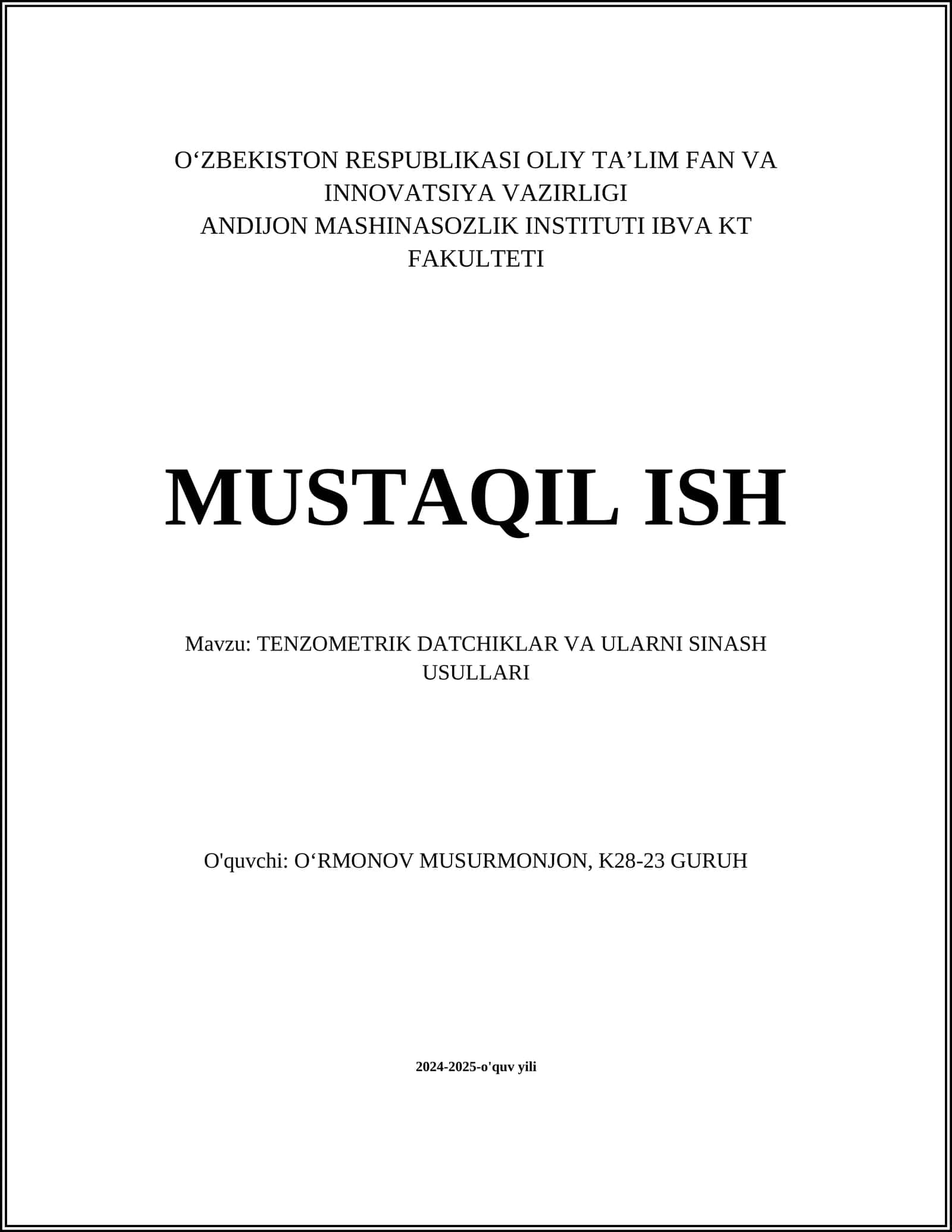TENZOMETRIK DATCHIKLAR VA ULARNI SINASH USULLARI 1