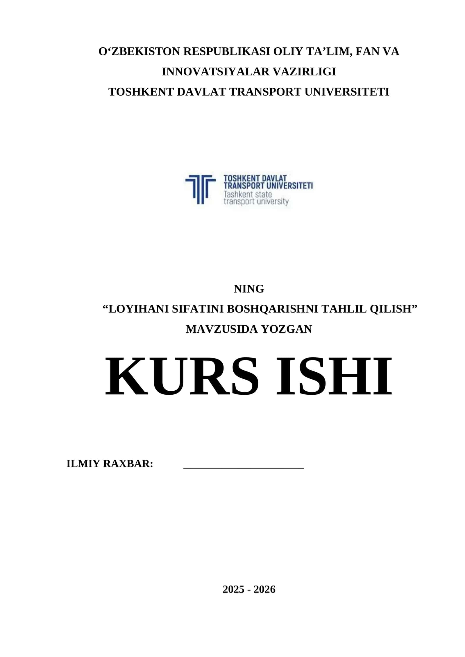LOYIHANI SIFATINI BOSHQARISHNI TAHLIL QILISH 1