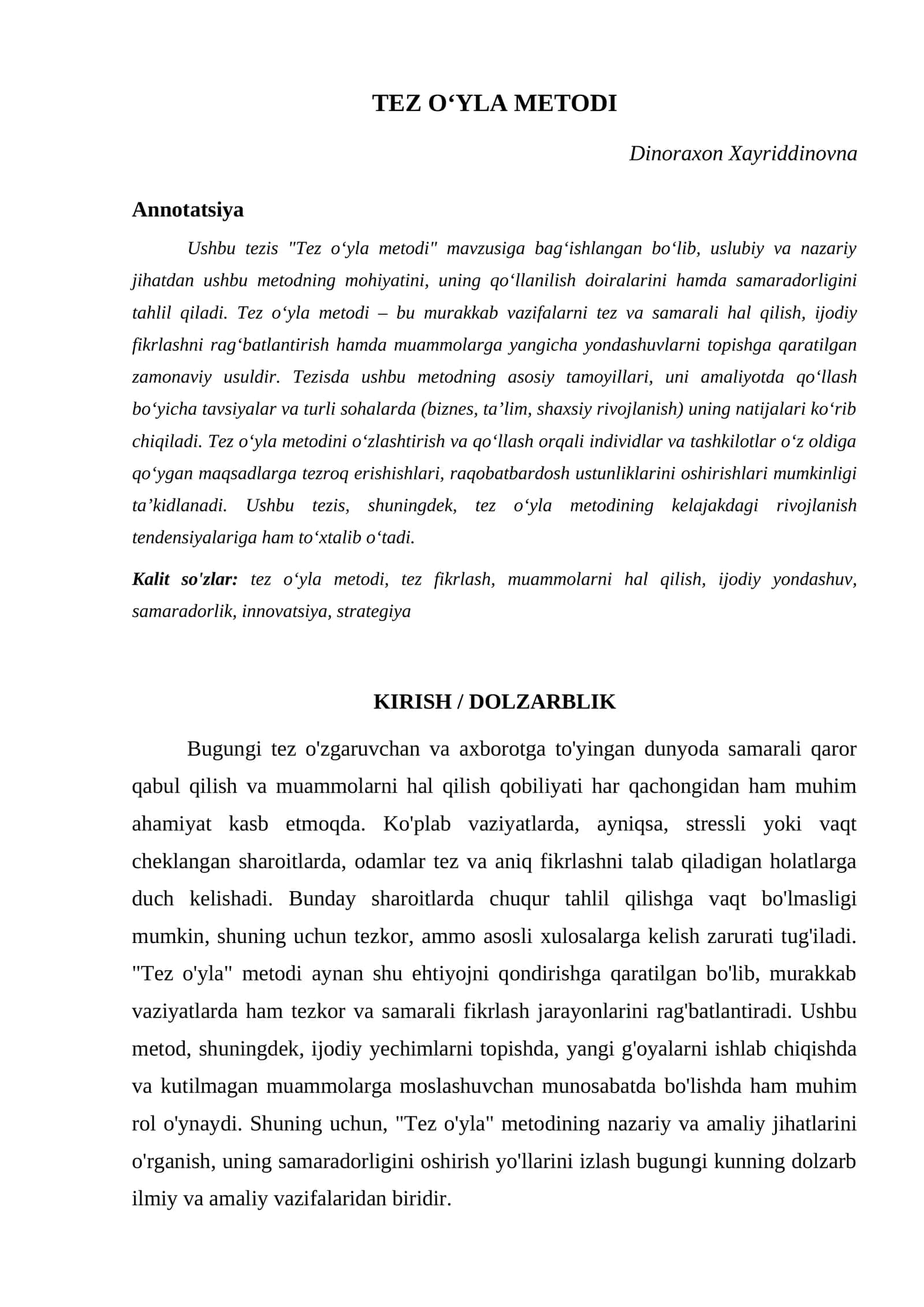 TEZ OʻYLA METODI 1