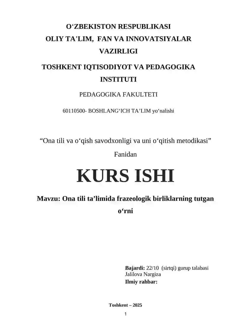 Ona tili va oʻqish savodxonligi va uni oʻqitish metodikasi