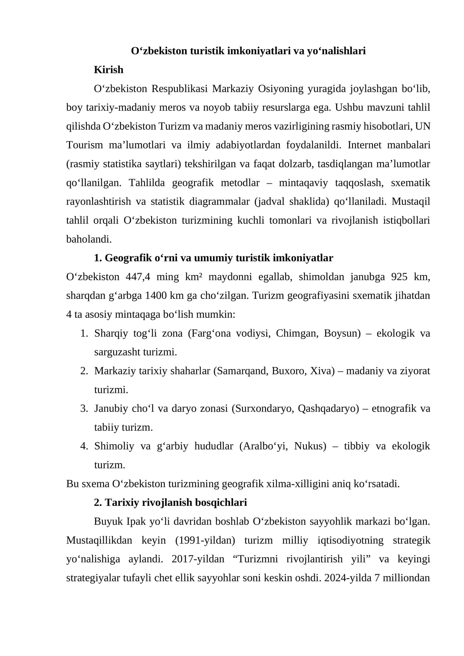 O‘zbekiston turistik imkoniyatlari va yo‘nalishlari 1