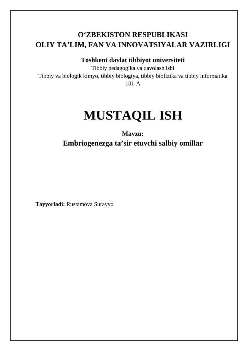 Embriogenezga taʼsir etuvchi salbiy omillar 1