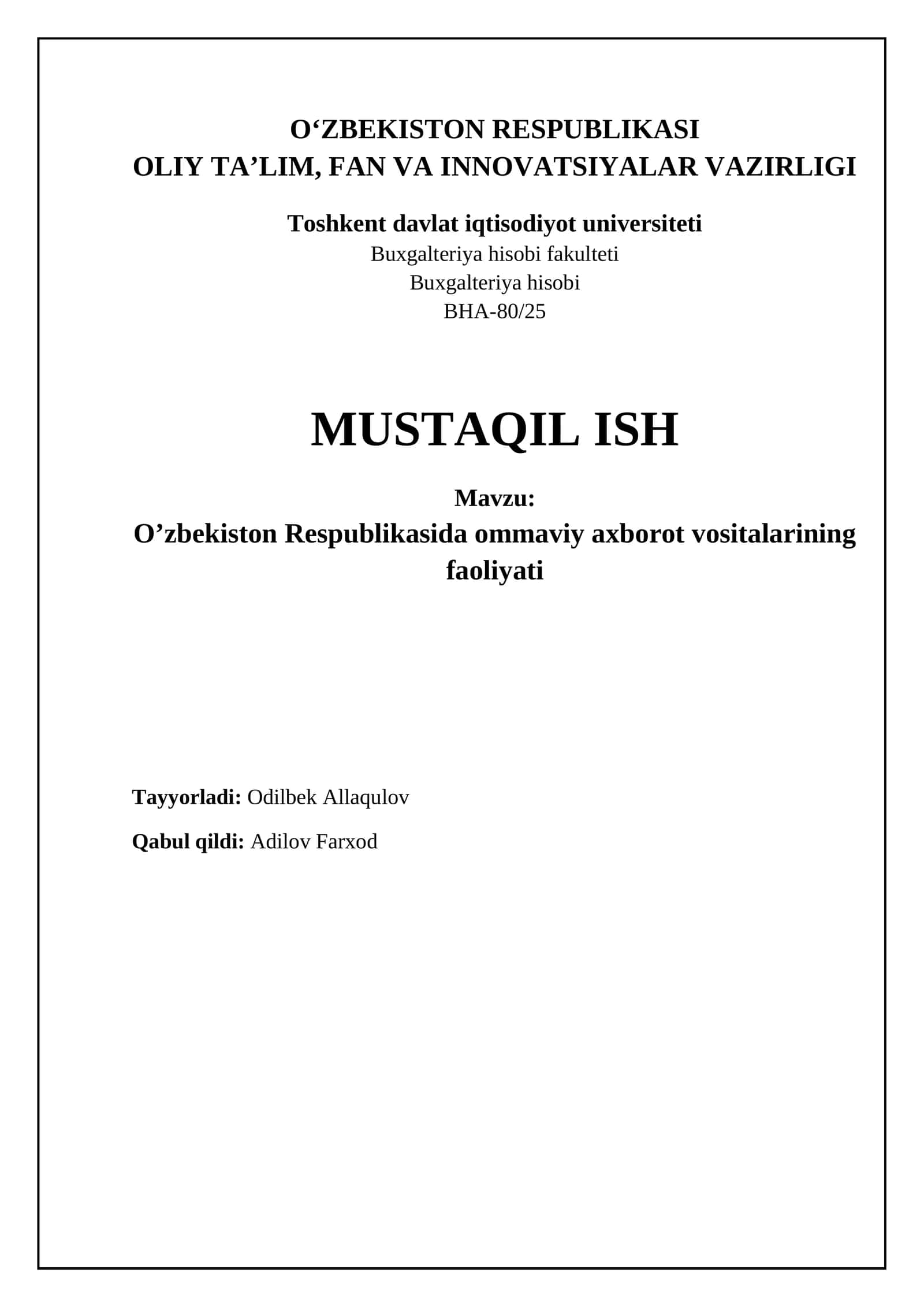 O’zbekiston Respublikasida ommaviy axborot vositalarining faoliyati 1