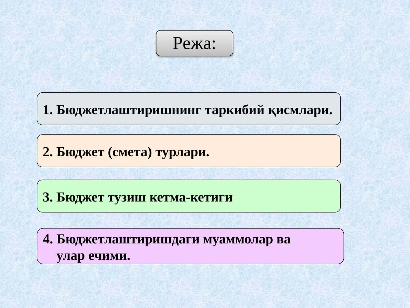 Бюджетлаштиришнинг таркибий қисмлари 1
