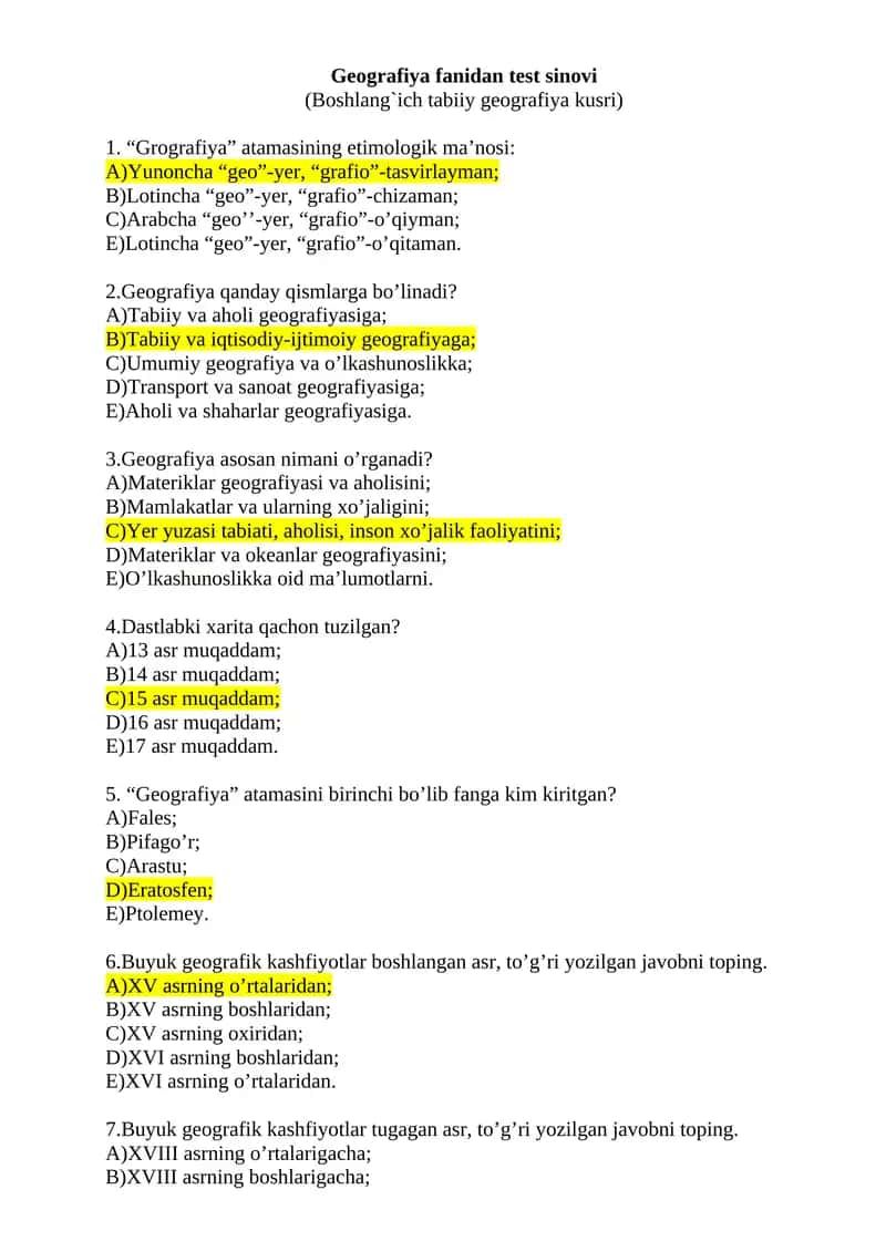 Geografiya fanidan test sinovi 1