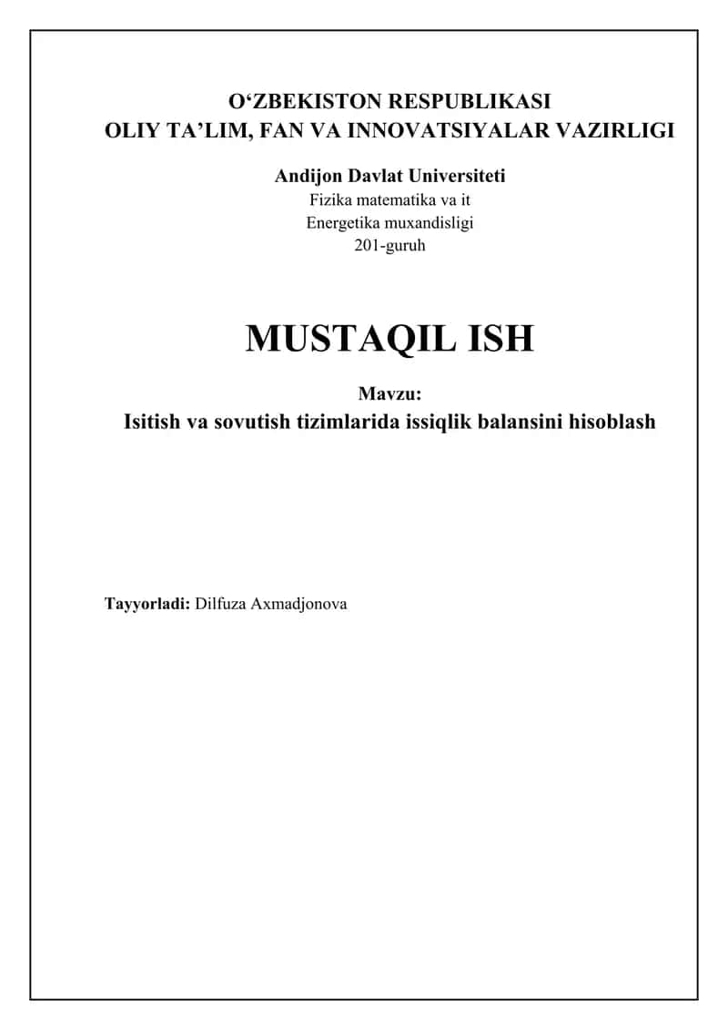 Isitish va sovutish tizimlarida issiqlik balansini hisoblash 1