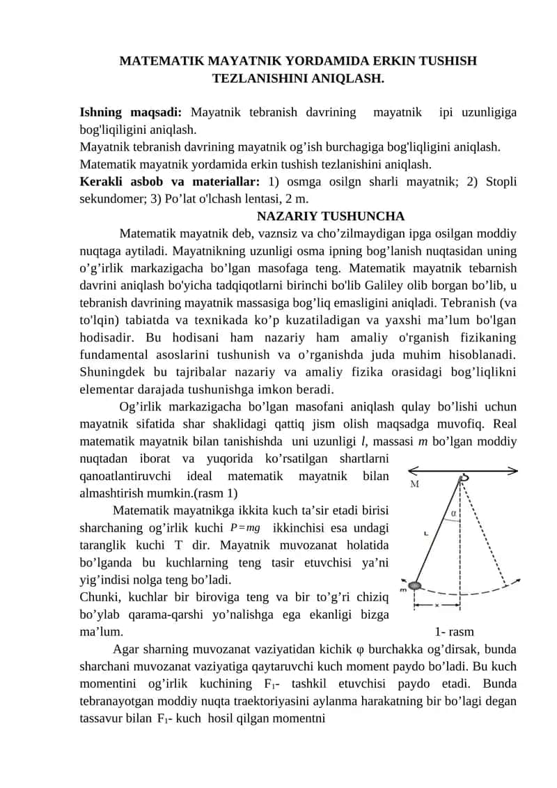 MATEMATIK MAYATNIK YORDAMIDA ERKIN TUSHISH TEZLANISHINI ANIQLASH 1