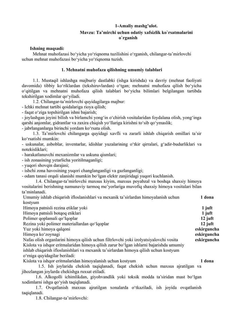 Ta’mirchi uchun odatiy xafsizlik ko`rsatmalarini o`rganish 1