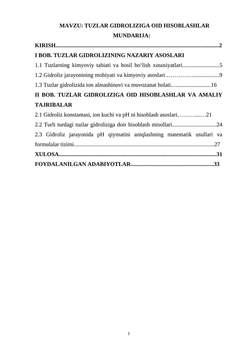 TUZLAR GIDROLIZIGA OID HISOBLASHLAR 1