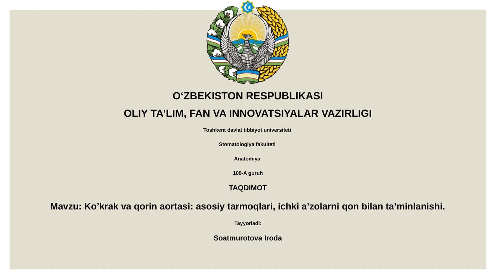 Ko’krak va qorin aortasi: asosiy tarmoqlari, ichki a’zolarni qon bilan ta’minlanishi 1