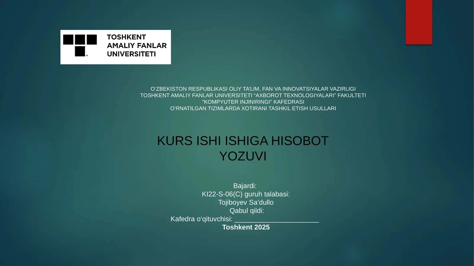 O'Rnatilgan Tizimlarda Xotirani Tashkil Etish Usullari 1