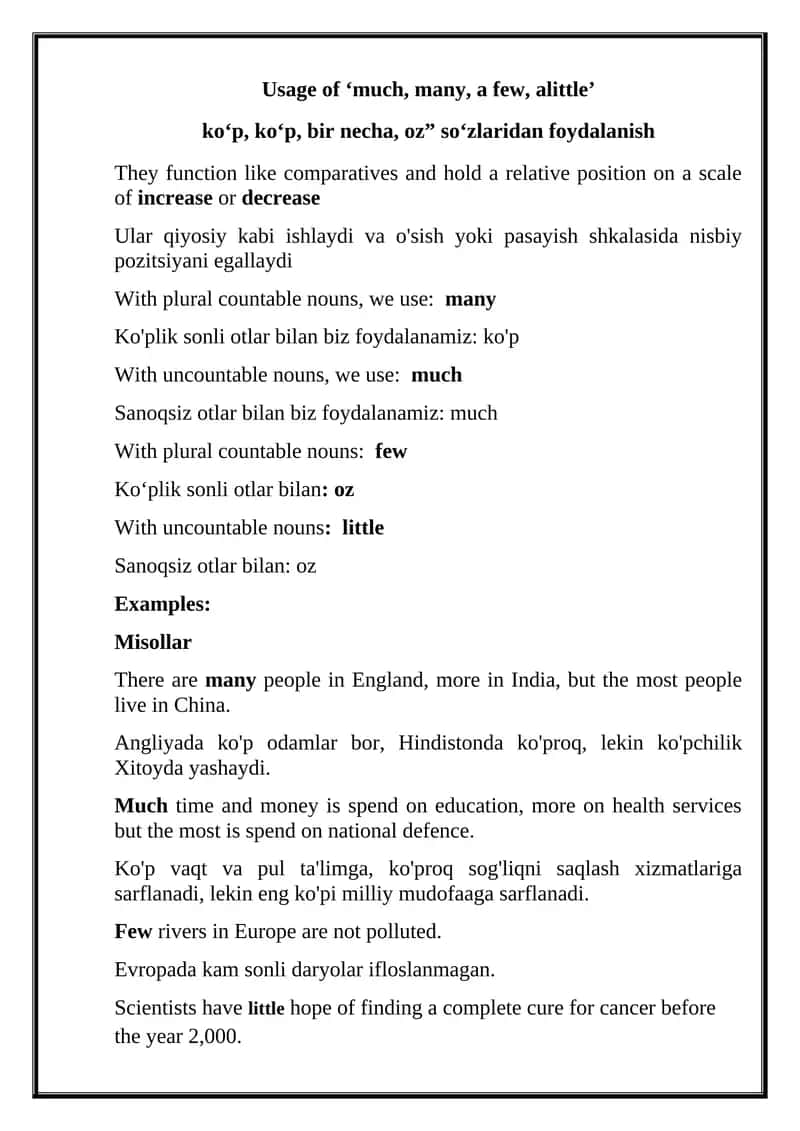Usage of ‘much, many, a few, alittle’ 1