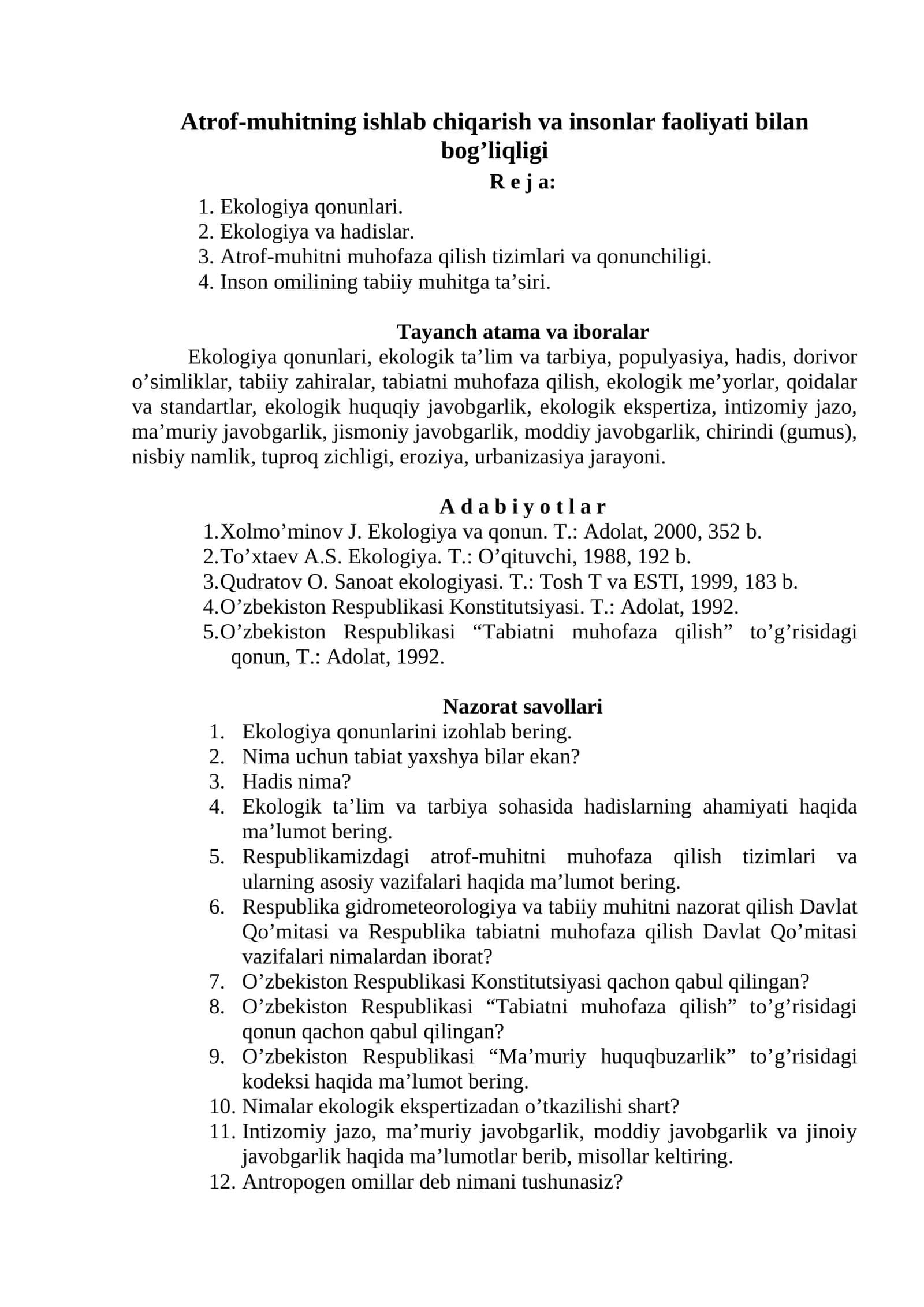 Atrof-muhitning ishlab chiqarish va insonlar faoliyati bilan bog’liqligi 1