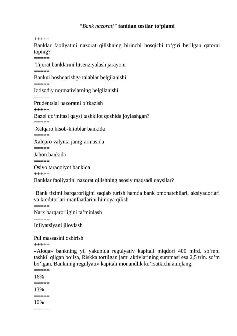 Bank nazorati fanidan testlar to'plami 1