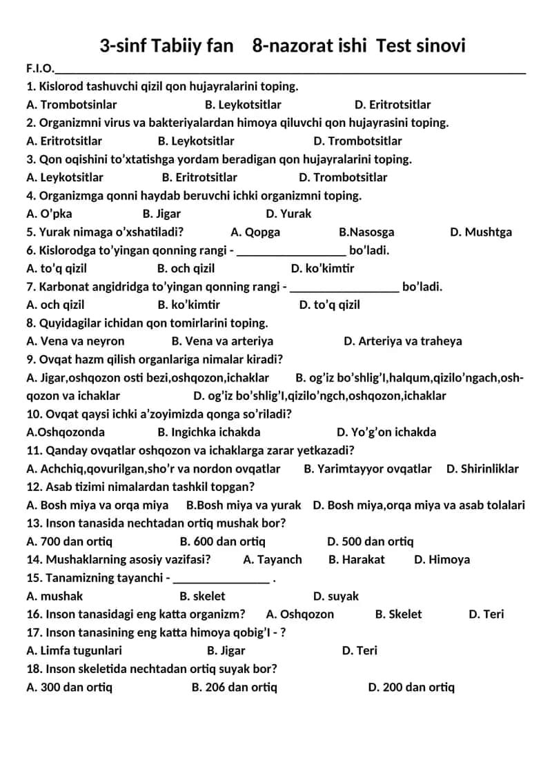 3-sinf Tabiiy fan 8-nazorat ishi Test sinovi F.I.O 1