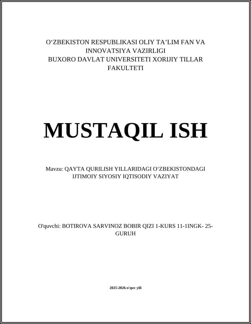 QAYTA QURILISH YILLARIDAGI OʻZBEKISTONDAGI IJTIMOIY SIYOSIY IQTISODIY VAZIYAT 1