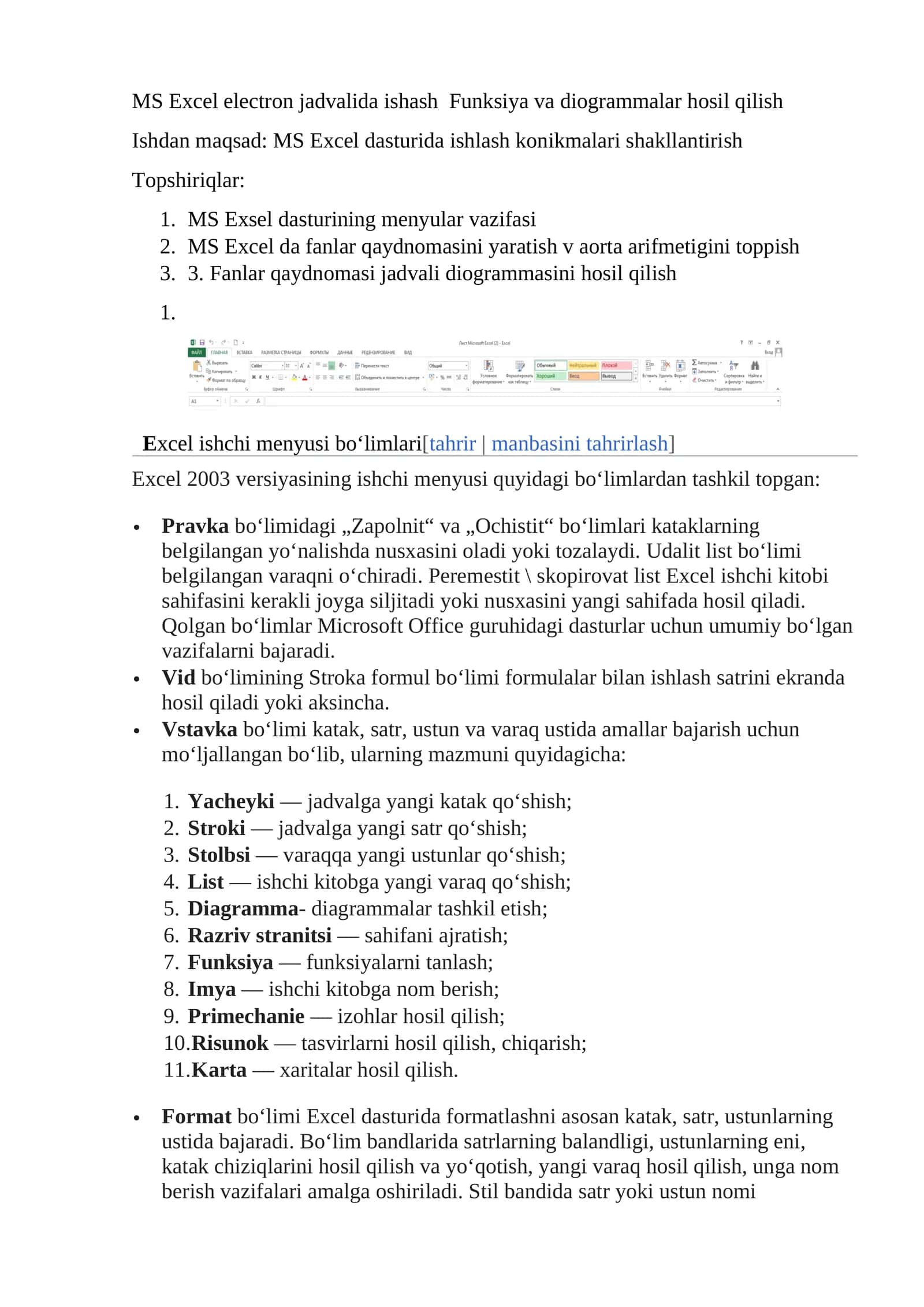 MS Excel electron jadvalida ishash Funksiya va diogrammalar hosil qilish 1