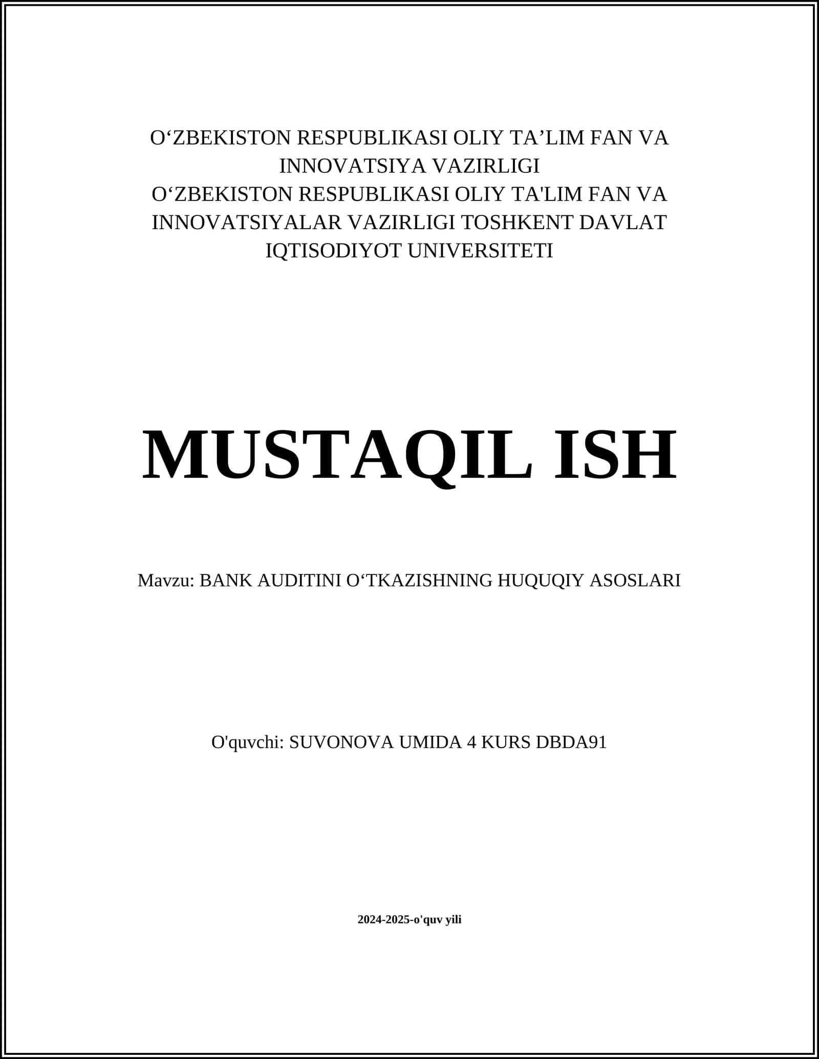 BANK AUDITINI OʻTKAZISHNING HUQUQIY ASOSLARI 1