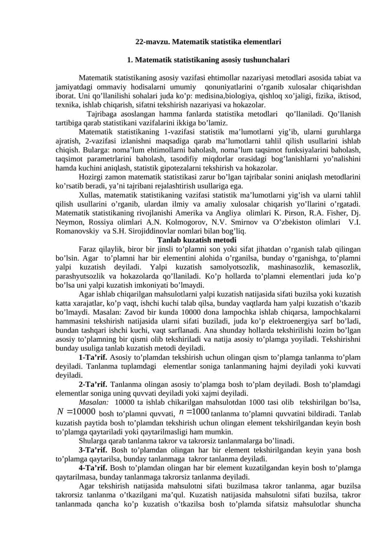 22-mavzu. Matematik statistika elementlari 1