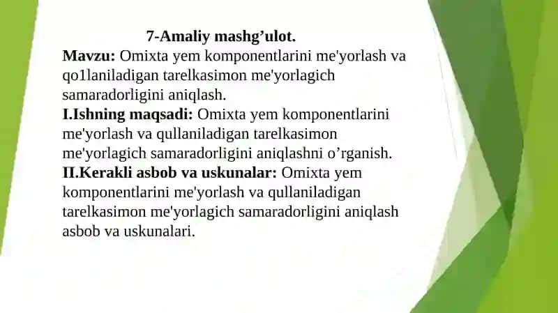 Omixta yеm komponеntlarini mе'yorlash va qo'llaniladigan tarеlkasimon mе'yorlagich samaradorligini aniqlash.