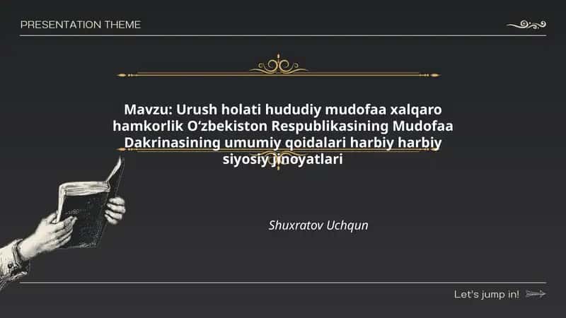 Urush holati hududiy mudofaa xalqaro hamkorlik Oʻzbekiston Respublikasining Mudofaa Dakrinasining umumiy qoidalari harbiy harbiy siyosiy jinoyatlari 1