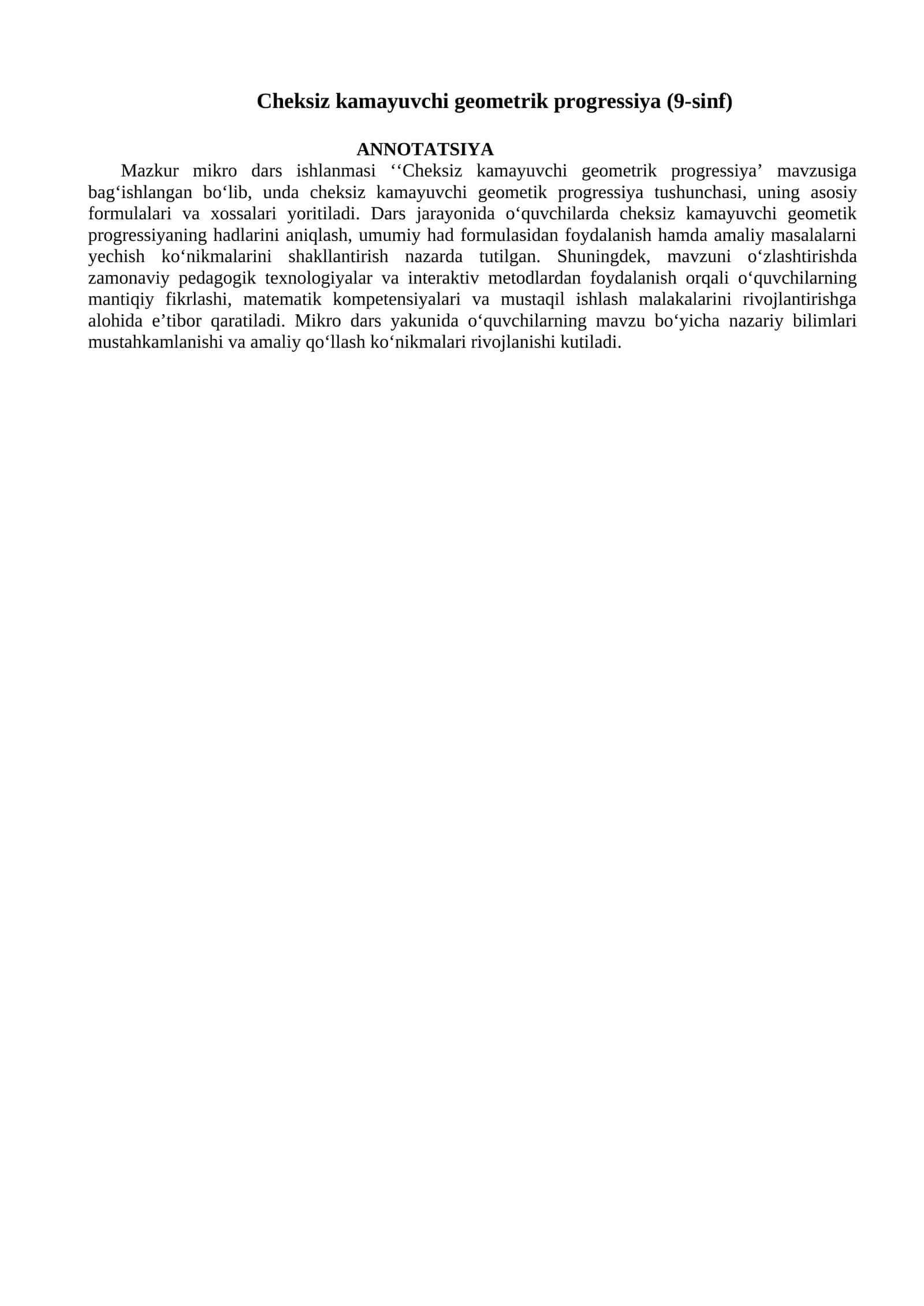 Cheksiz kamayuvchi geometrik progressiya (9-sinf) 1