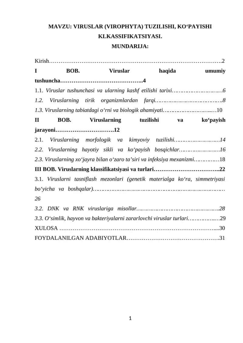 Viruslar (Virophyta) tuzilishi, ko‘payishi kLkassifikatsiyasi 1