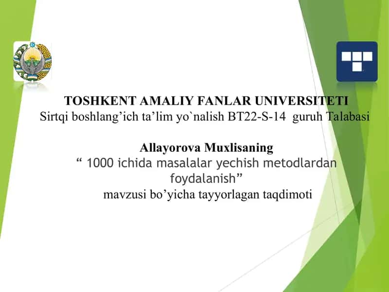 1000 ichida masalalar yechish metodlardan foydalanish. 1
