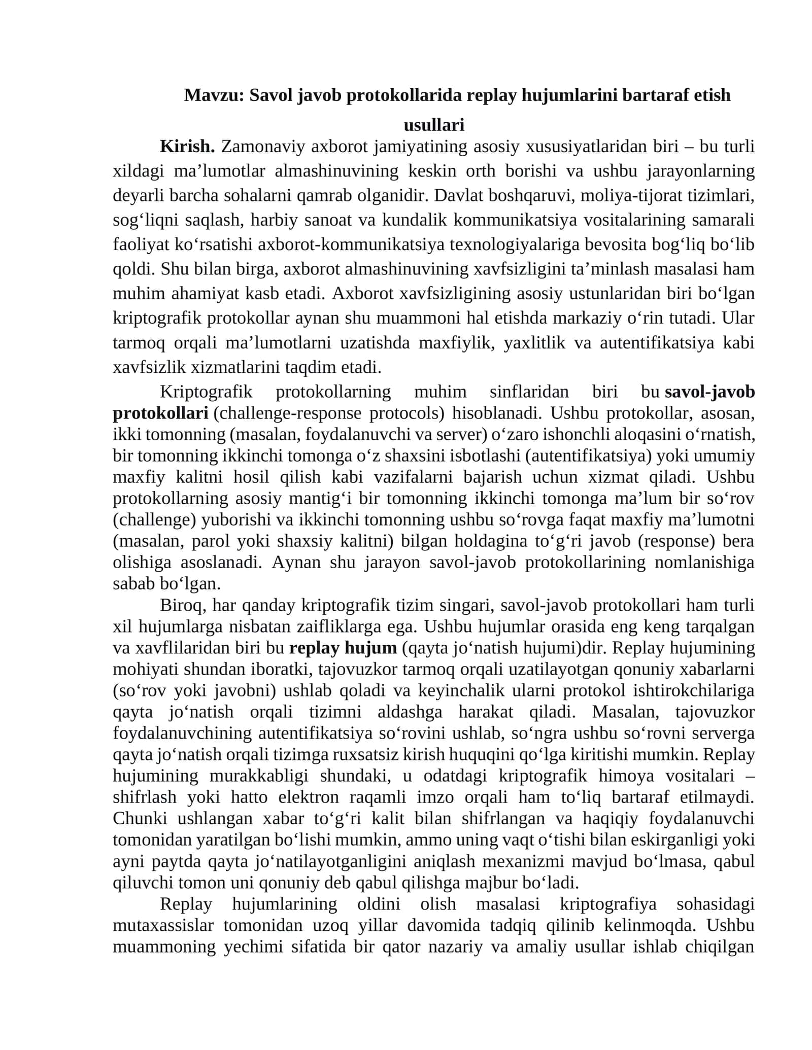 Savol javob protokollarida replay hujumlarini bartaraf etish usullari 1