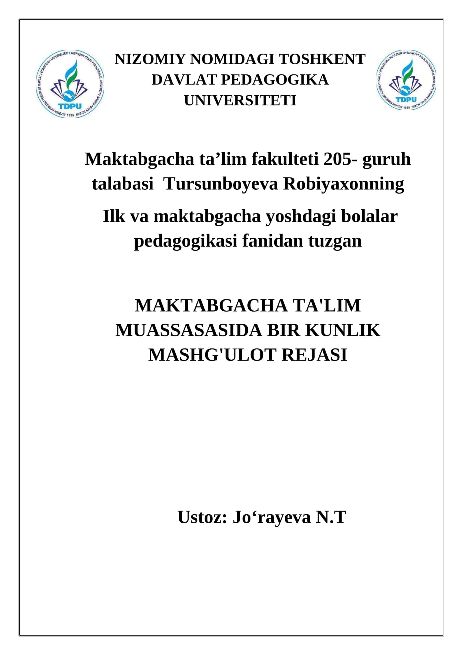 MAKTABGACHA TA'LIM MUASSASASIDA BIR KUNLIK MASHG'ULOT REJASI 1