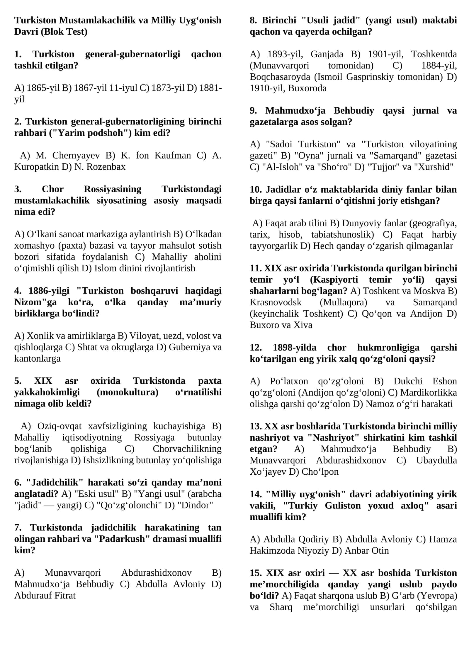 Turkiston Mustamlakachilik va Milliy Uyg‘onish Davri (Blok Test) 1