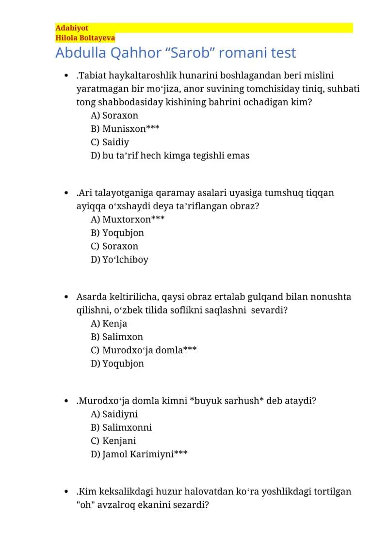 Abdulla Qahhor “Sarob” romani test 1