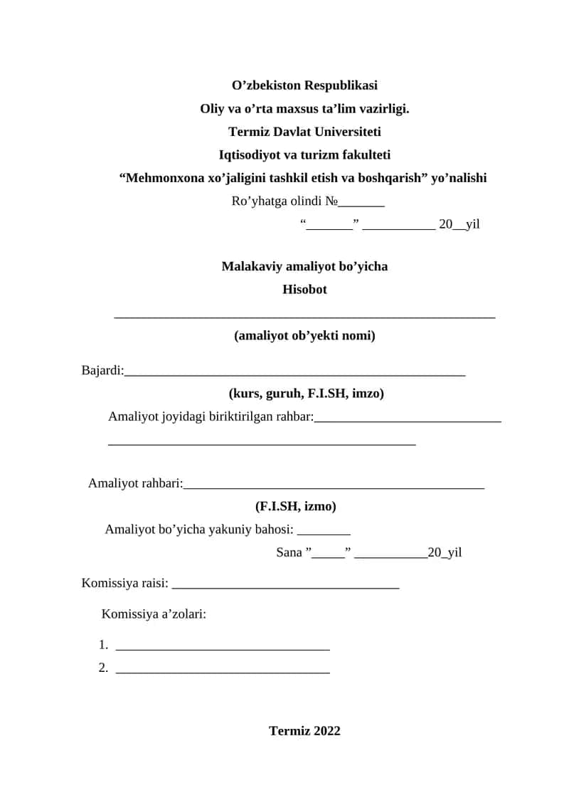 Malakaviy amaliyot bo’yicha Hisobot 1