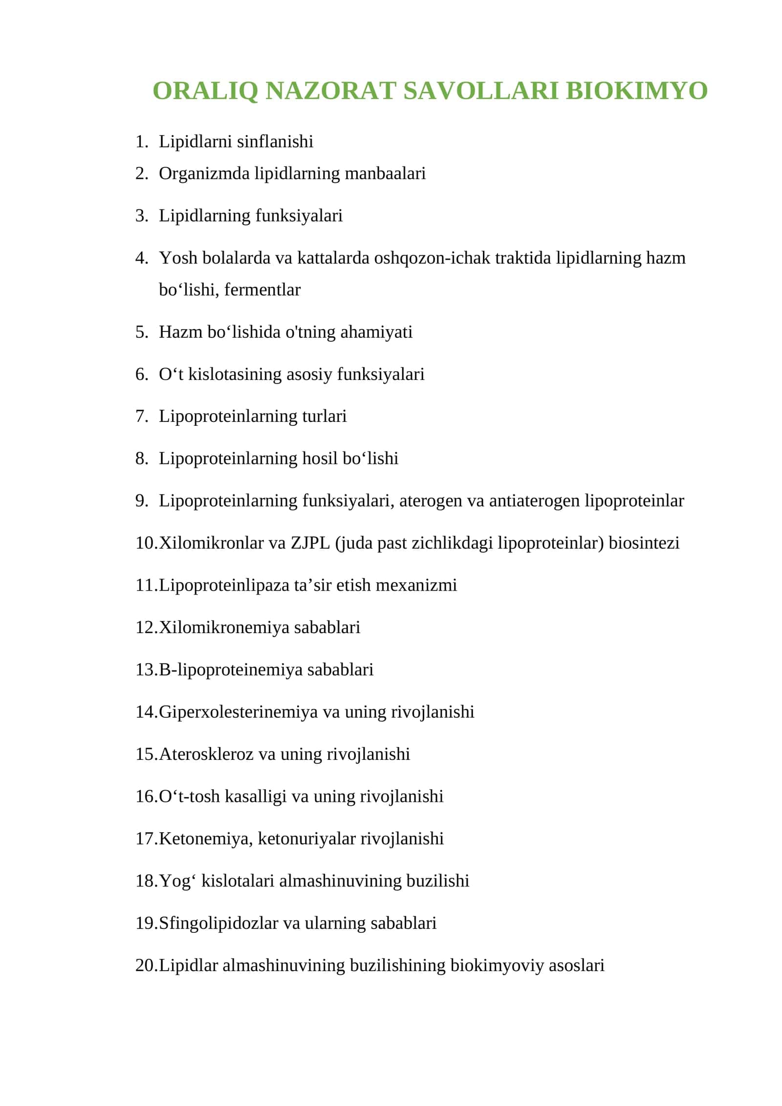 ORALIQ NAZORAT SAVOLLARI BIOKIMYO 1