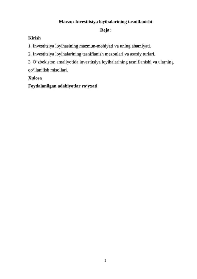 Investitsiya loyihalarining tasniflanishi 1