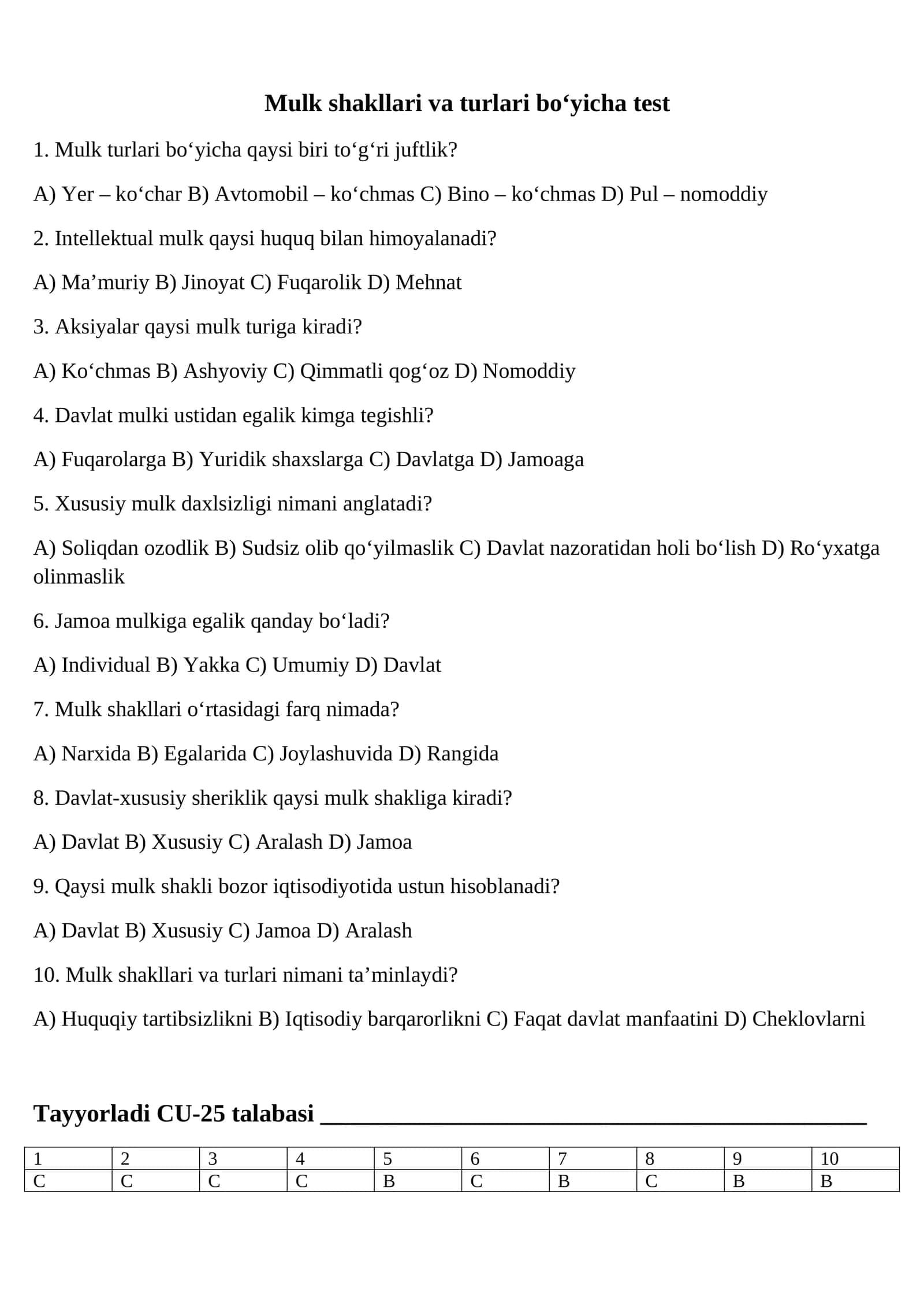 Mulk shakllari va turlari bo‘yicha test 1