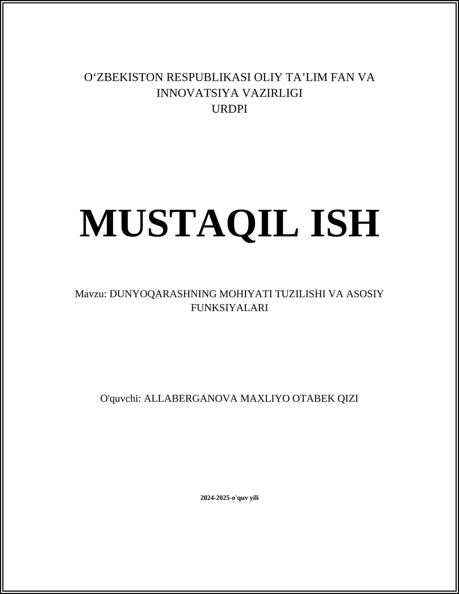 DUNYOQARASHNING MOHIYATI TUZILISHI VA ASOSIY FUNKSIYALARI 1