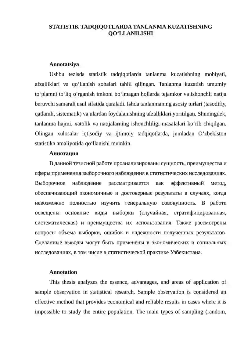 STATISTIK TADQIQOTLARDA TANLANMA KUZATISHNING QO‘LLANILISHI